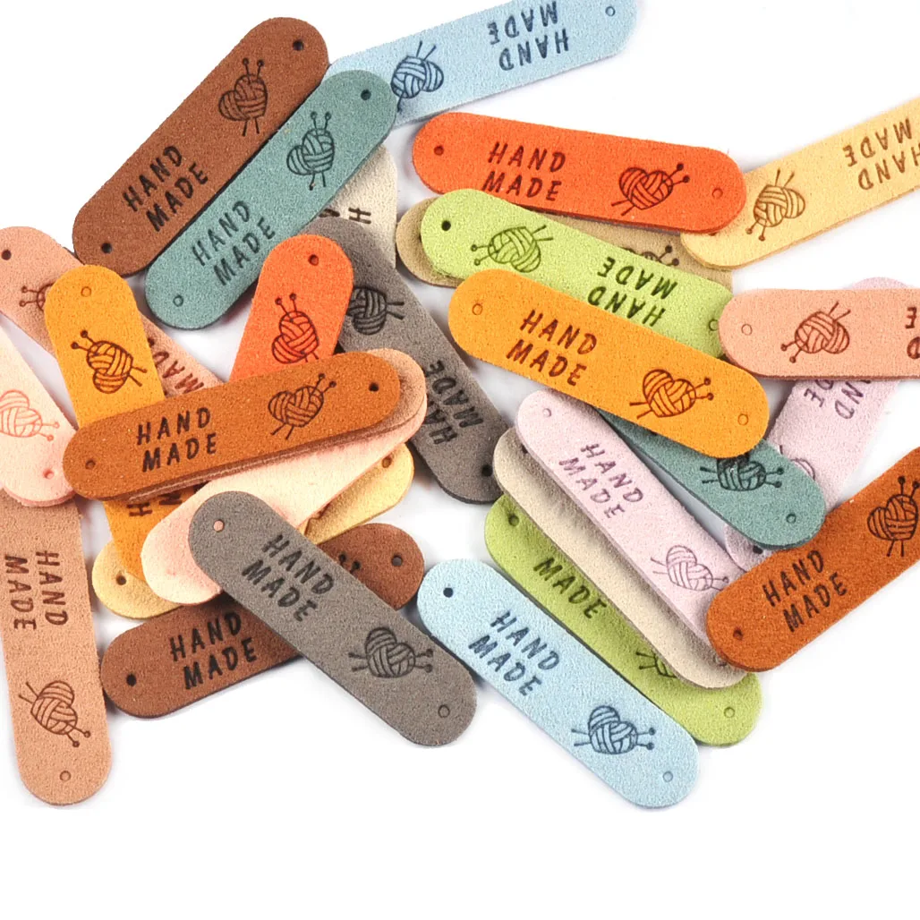 20Pcs 4.5x1.2cm 15Colors Mixed Leather Embossed Labels Sewing Accessories 2holes Garment Tag Handmade DIY Clothes Material c4017