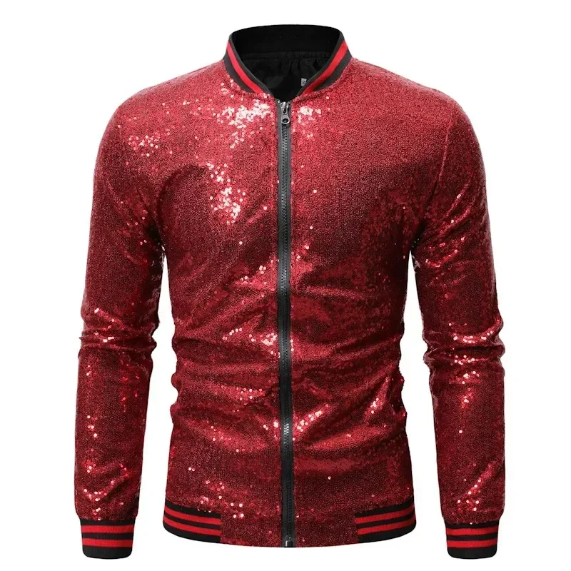 

Shiny Sequins Sparkle Bomber Jacket Men 2024 Newest Gold Glitter Striped Zipper Mens Jackets and Coats Party Dance Show Clothes