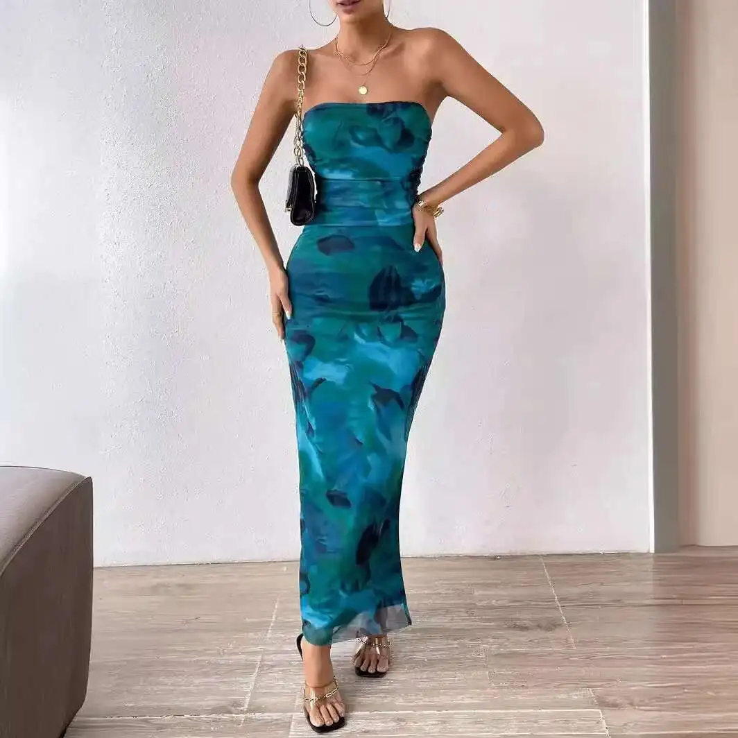 

2025 New Mesh Floral Pleated Sexy Tight Fitting Slit Strapless Long Dress African 2025 Summer Dress Robe Vestido Women Elegant