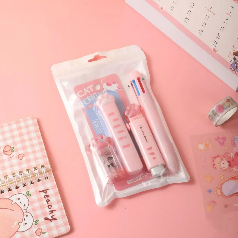 Cute Student Stationery Set Sweet Cartoon Cat Paw Correction Tape Glue Tape Eraser Gel Pen Cutter Box Set School Supplies