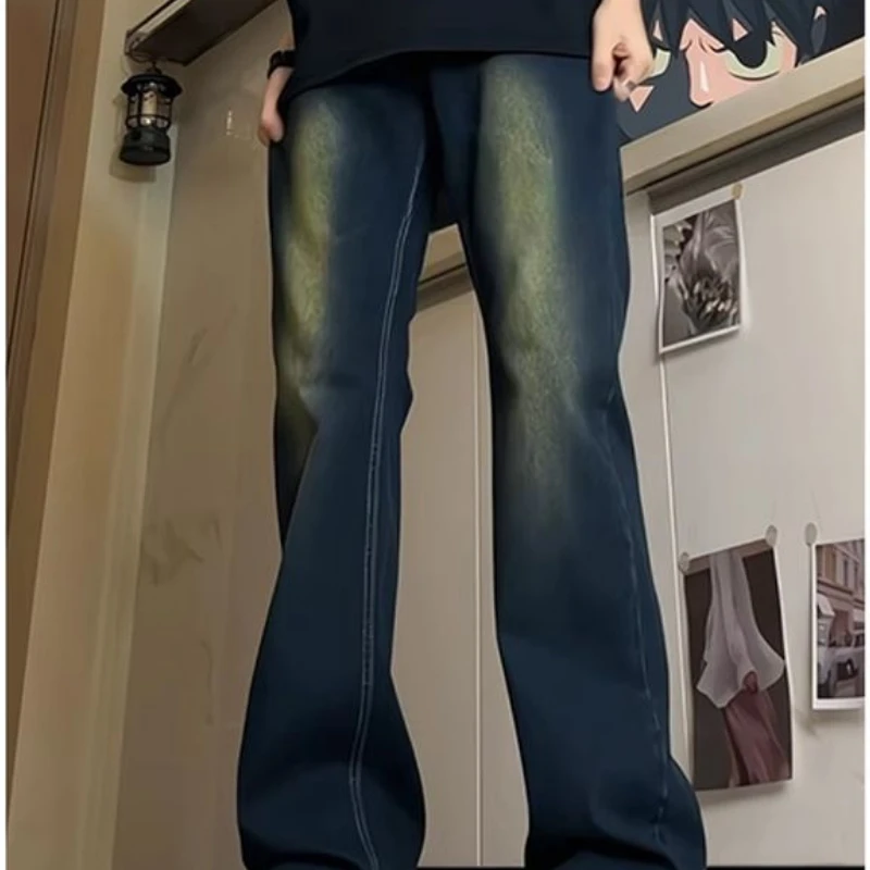 Men Jeans Blue Denim Pants Baggy Trouser Man Colthing High Waisted Vintage Straight Leg Design Casual Solid Slim Fit Breathable