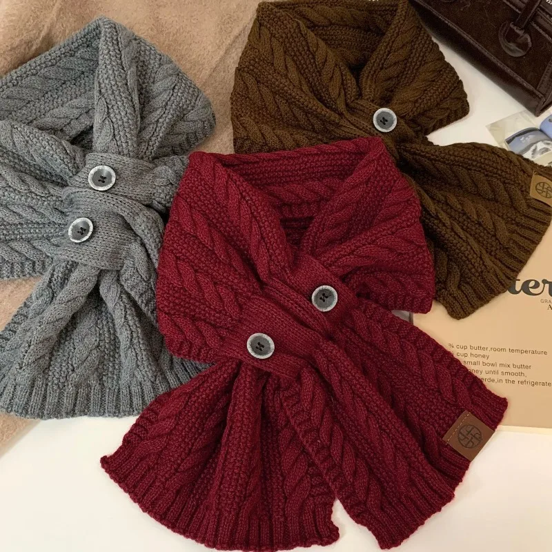 

Red scarf autumn and winter new wool blended button twist cross scarf versatile neck protection warm high-end scarf