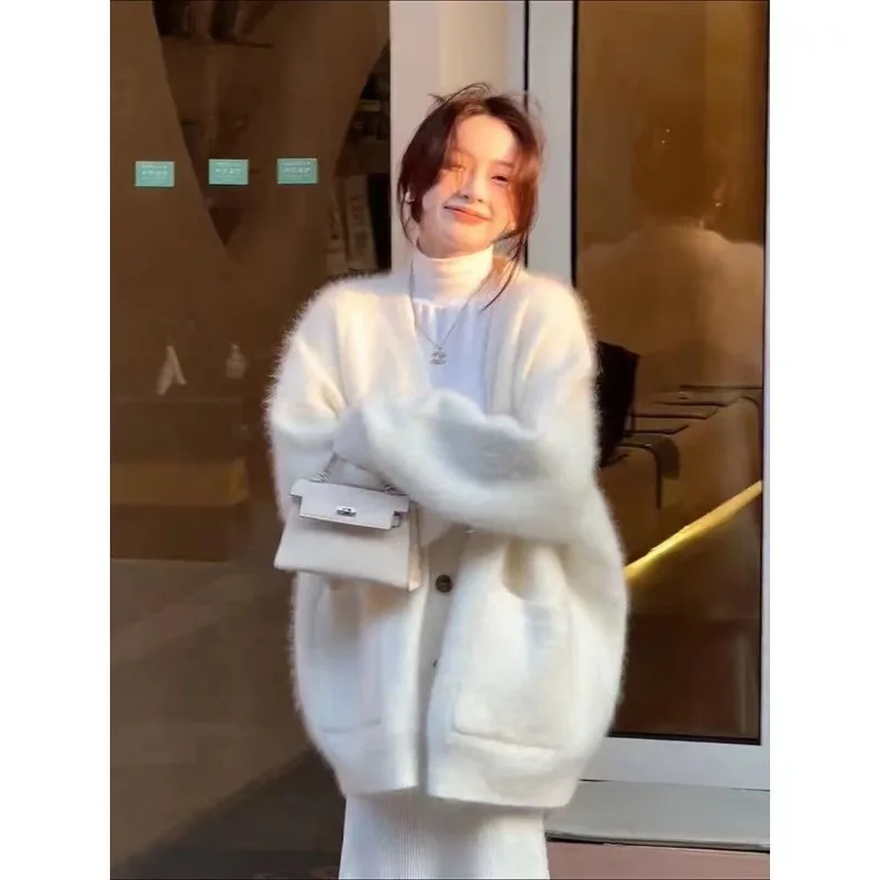 

MiiiiX Korean Plus Size V-neck Imitation Mink Fur Knitted Cardigan Women's Sweater Autumn Mid-length Loose Soft Knitwear Jacket