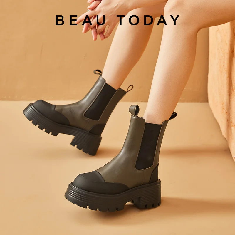 BeauToday Chelsea Boots Women Genuine Cow Leather Elastic Band Round Toe Thick Sole Ladies Platform Shoes Handmade A03A24