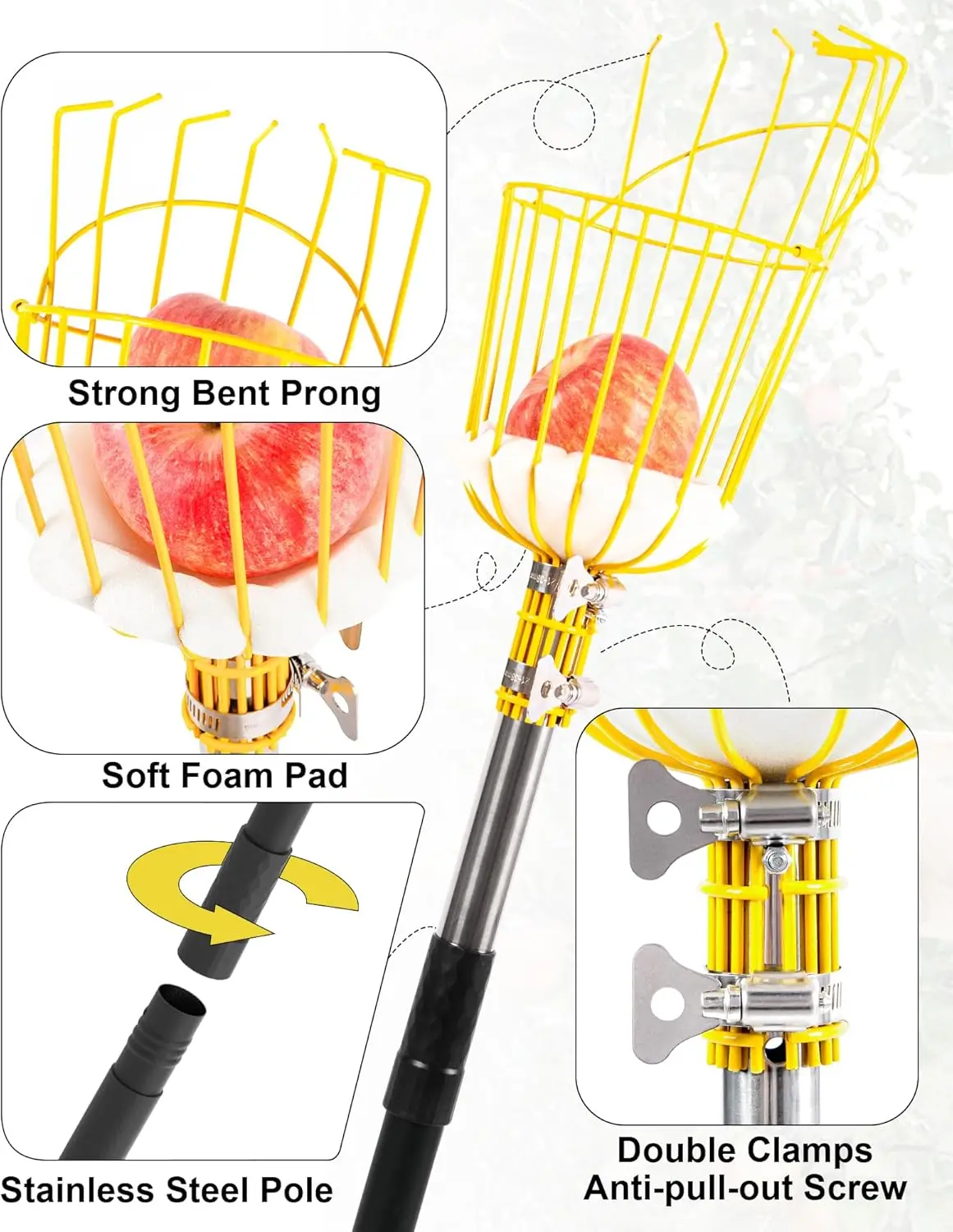 13.5FT Fruit Picker, Picker Tool with Adjustable Pole and Basket, Long Reach Mango Grabber Tool, Tree Fruit Catcher for Pi
