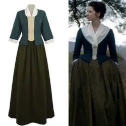 TV Series Outlander Claire Fraser Cosplay Costume Women's Dark Green Linen and Granite Grey Tartan Halloween Party Outfits