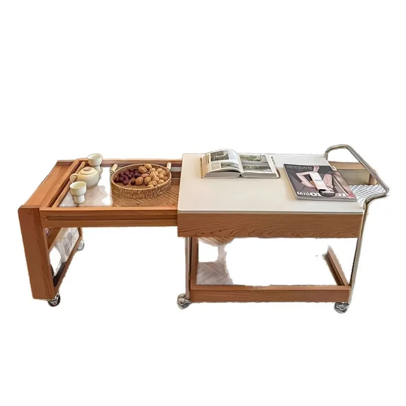 Mobile coffee table sofa living room retractable enclosure stove making tea solid wood household trolley tea table small