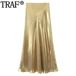 TRAF Women Skirts Sets Gold Long Skirts For Women High Waist Metallic Midi Skirt Autumn Old Money Style Elegant Women'S Skirts