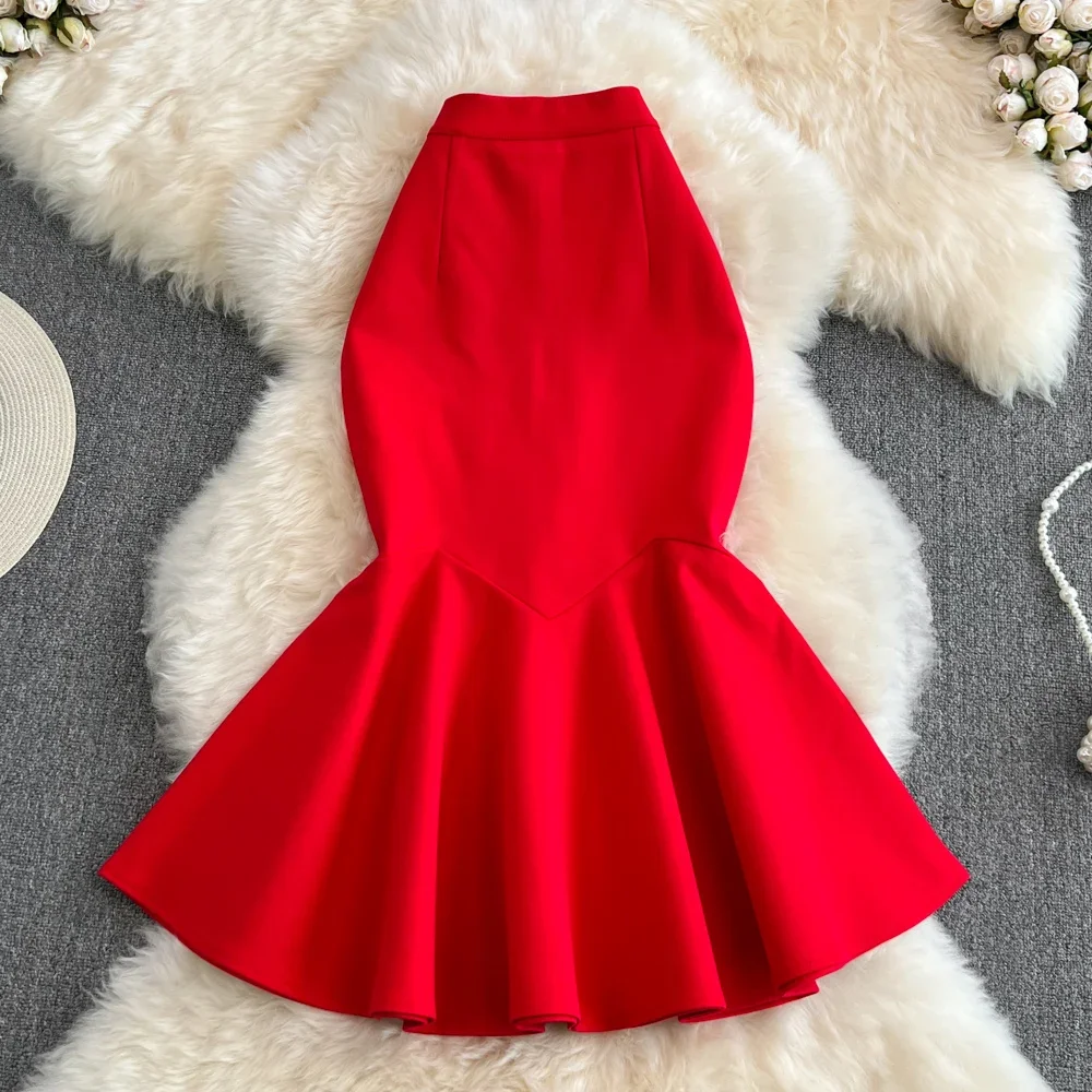 

Women Chic Asymmetric Ruffle Full Skirt High Waist Elegant Korean Fashion Hip Wrap Trumpet Skirtt Sweet Summer Clothing