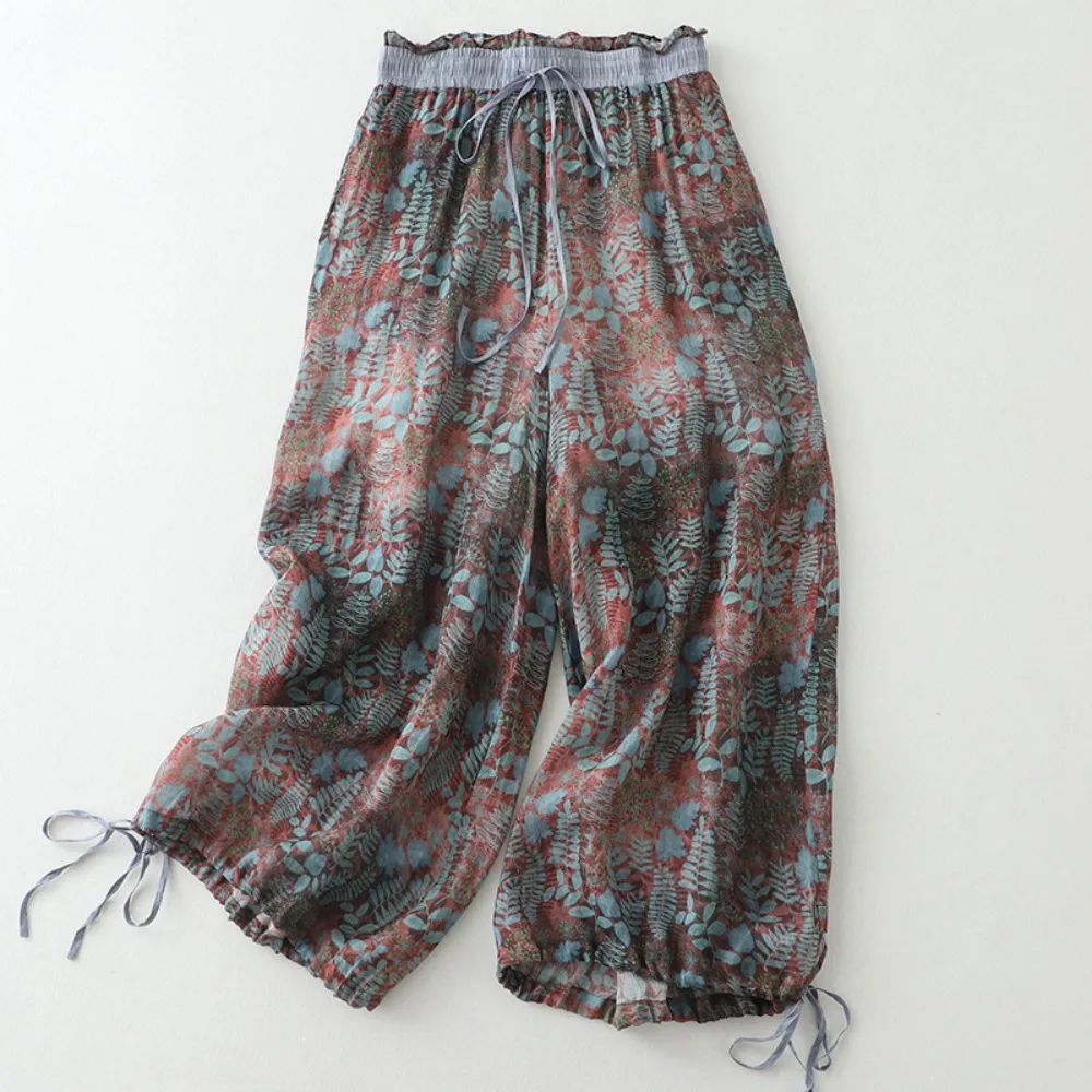 Women Cotton Linen Printed Wide Leg Pants Vintage Loose Fit Elastic Waist Breathable Flattering Casual Daily Streetwear Comfy