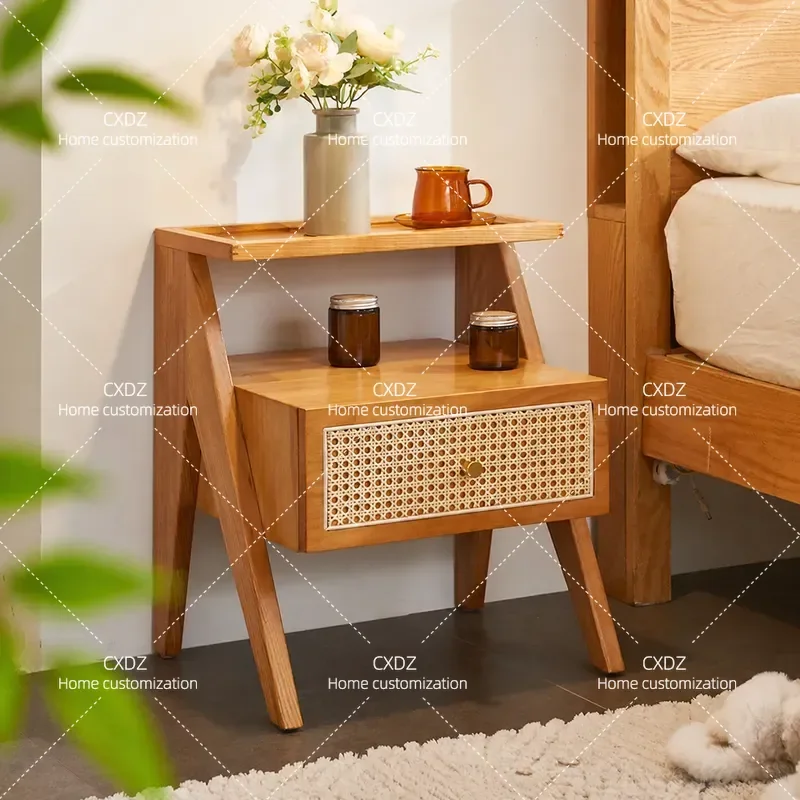 Nordic Wabi-Sabi Solid Wood Rattan Bedside Table Japanese Style Small Side Cabinet Storage Locker Modern Simple Home
