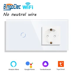 Bingoelec 1 Gang 1 2Way WIFI Touch Switch With Germany Socket EU Standard Crystal Glass Panel Smart Home Automation light Switch