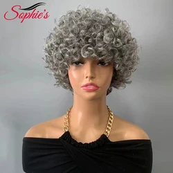 Sophies-Peluca de cabello humano rizado para mujer, pelo corto hecho a máquina, 180% de densidad, brasileño, Remy, Color gris