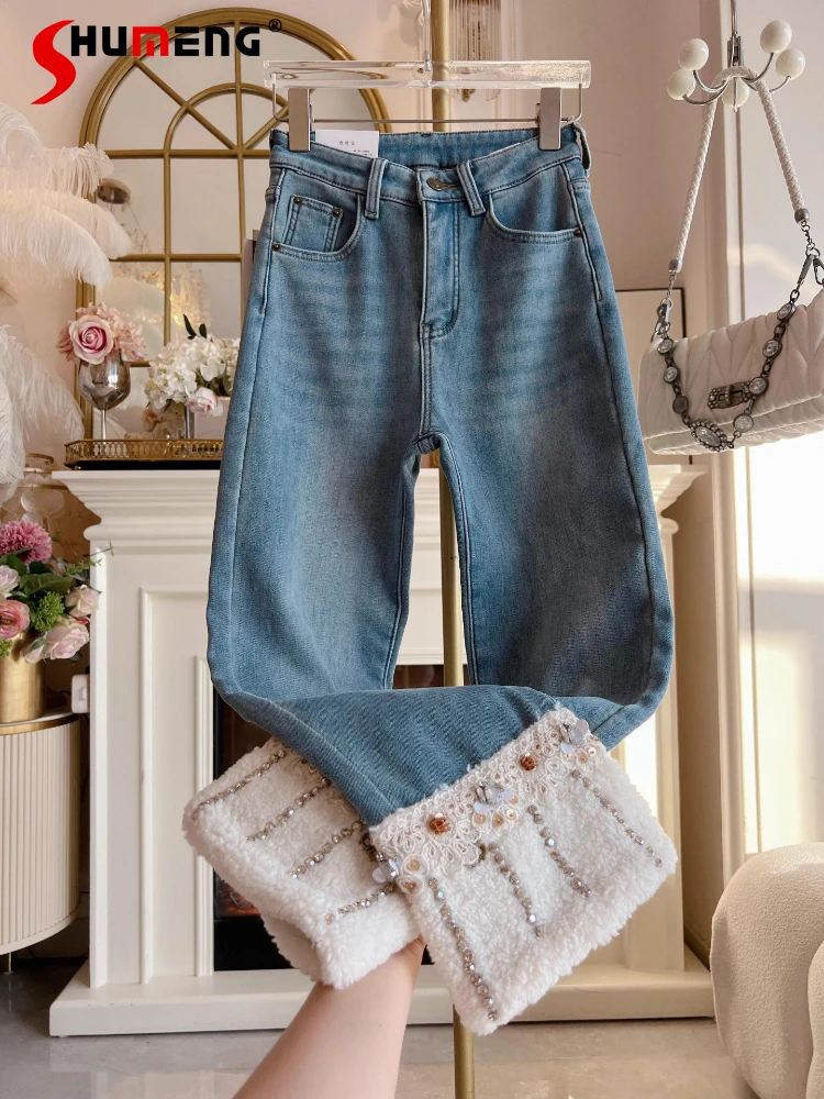 موضة حجر الراين مستقيم الساق الدنيم السراويل النساء 2025 شتاء جديد مبطنة بالصوف سميكة الجينز الذكور وسيم شيك سراويل جينز #1