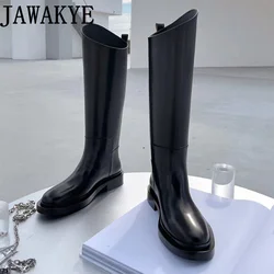 Oryginalne skórzane buty do kolan zwięzłe kobiety okrągłe Toe Chunky Heel długie czarne buty Runway buty do kolan kobiety znane marki