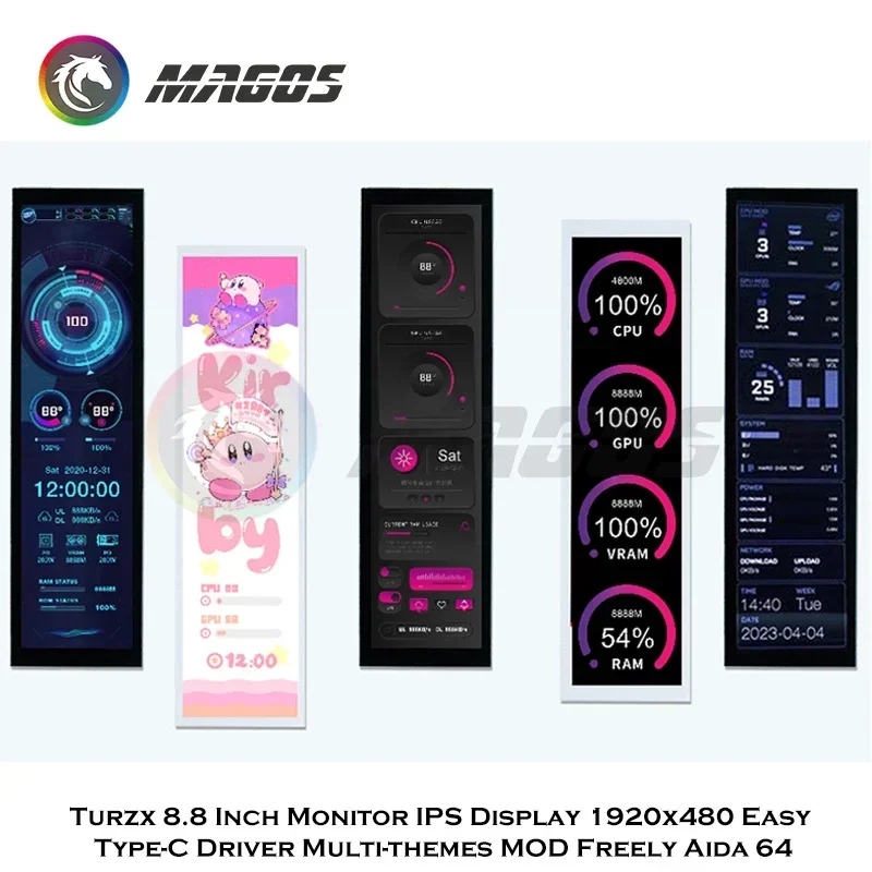 

Turzx Smart 8,8-дюймовый монитор IPS-дисплей, вторичный экран 1920x480 Простой драйвер Type-C Многоэма МОД Freely Aida 64