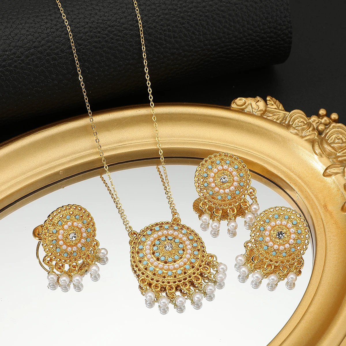 Stainless Steel Jewelry Set vintage golden pearls Necklace Earrings ring Exaggerated Jewelry Set For Women Jewelry Gifts