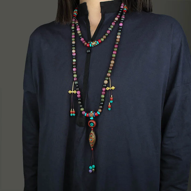 

Retro colorful jade beaded long national style crossbody chain Chinese style back necklace versatile national style Douyin same