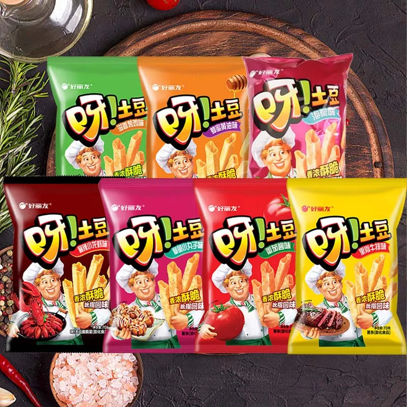 Palillos de patatas Orion Ya, 2,47 oz (70g) * 3 paquetes de ocio, comida cero, patatas fritas infladas, aperitivos nostálgicos para la infancia
