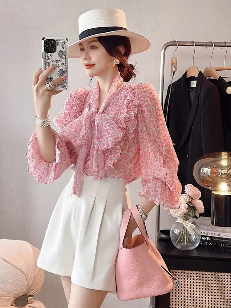 

Шифоновая блузка во французском стиле с пышными рукавами и цветочным принтом, женский свободный пуловер с рюшами и отделкой, повседневный топ XT1074