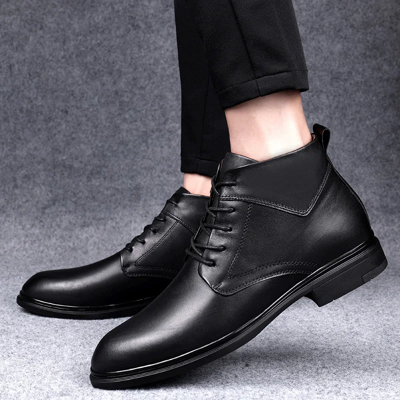 

Mens Winter Boots genuine Leather Lace Up Fur Lined plush warm Sole Snow Trekking Outdoor Shoes for men ankle boots