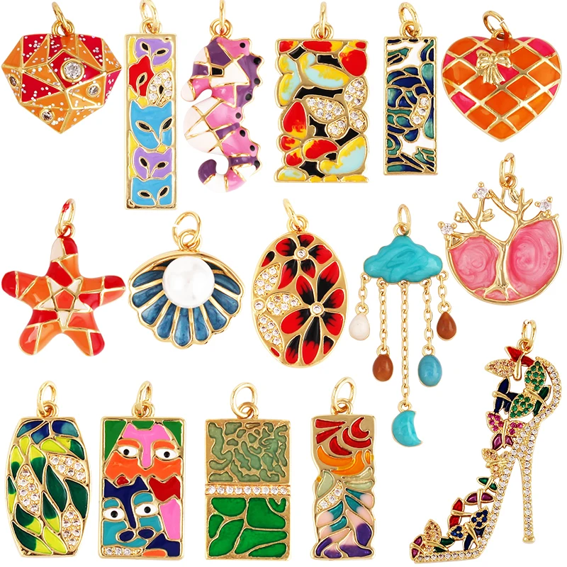 Mosaic Enamel Sea Animal Star Fish Shell Plant Face Flower Fox High Heel Charm Pendant , Necklace Bracelet Making Supplies L10