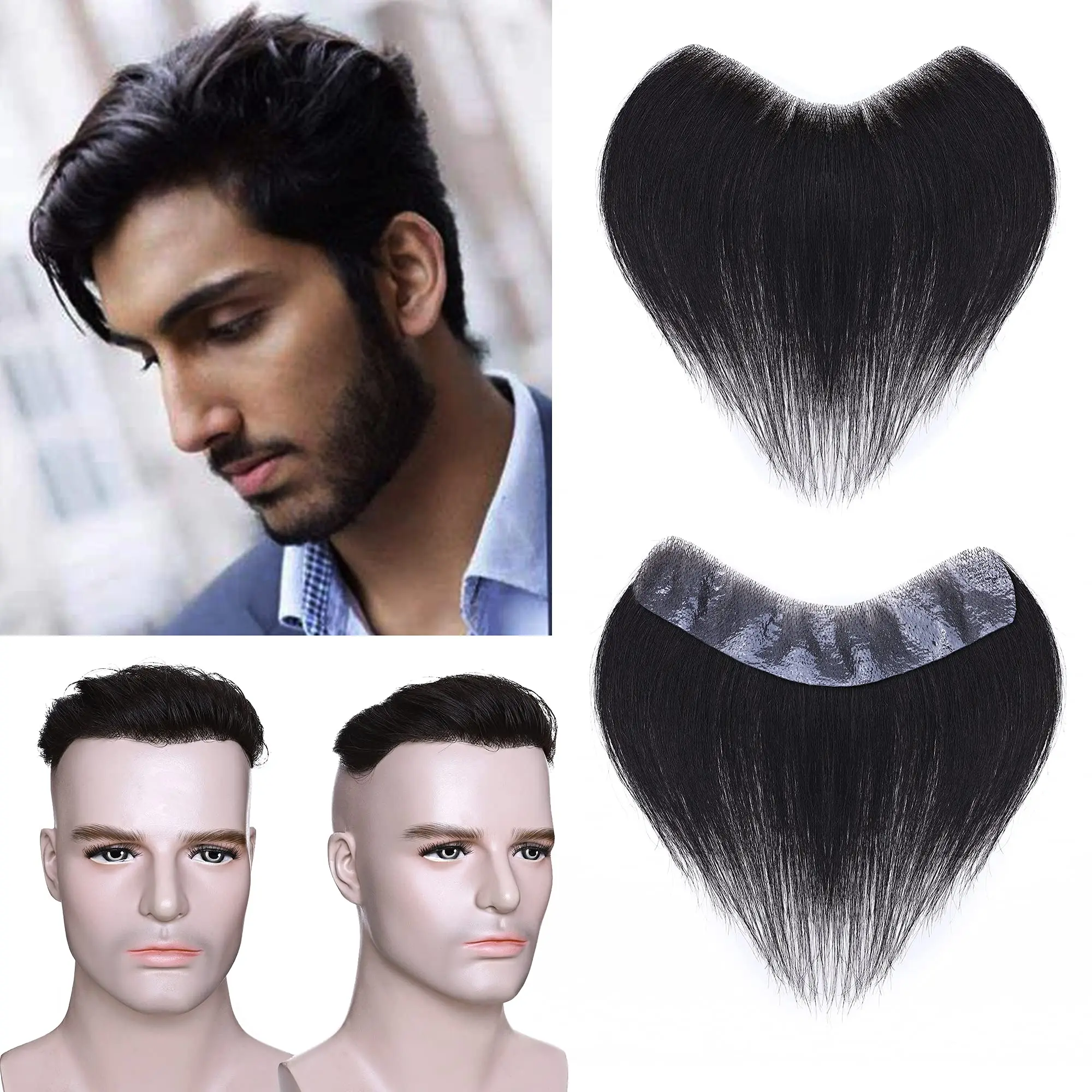 Real Hairline Toupee 100% Human Hair Forehead Hairline Replacement Hairpiece V-Shape Mens Topper PU Thin Skin Base Natural Hair