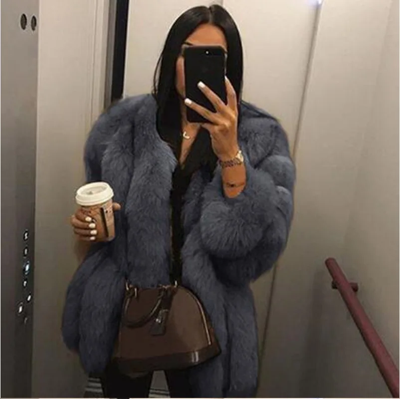 Women Open Front Faux Fox Fur Mid Length Coat Long Sleeve Plush Warm Outerwear for Party Daily Winter Wear image 3
