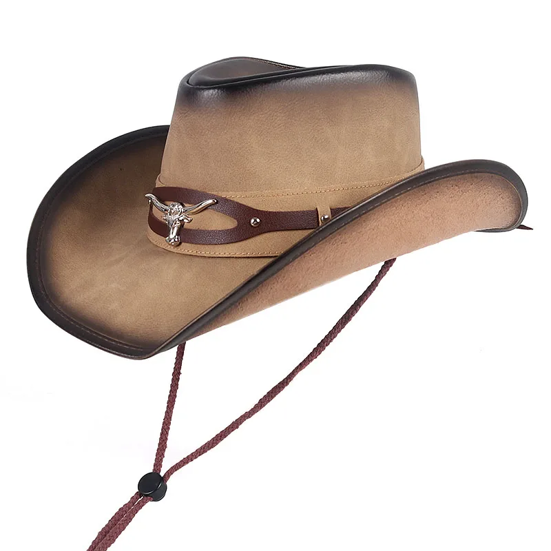 High Quality Western Cowboy Hat Men Women Fashion 2024 Cool Vintage Outdoor Faux Leather Cowgirl Hats Wind Rope Caps