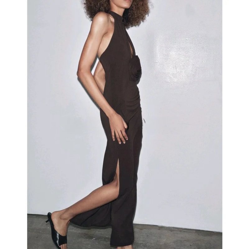 Vestido sin Mangas para Mujer, Nuevo Estilo Otoñal, Cuello ter, Adorno Floral en el Dobladillo, Abertura Lateral, Estilo C...