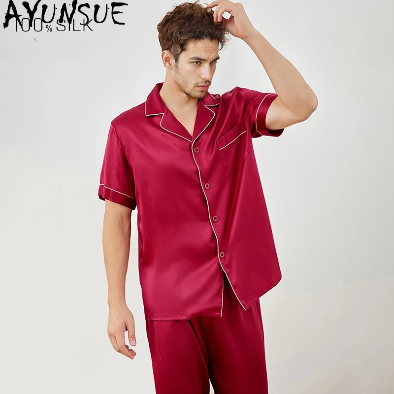 AYUNSUE 100% Natural Mulberry Silk Pajama Sets 19mm Silk Sleepwear Men Home Clothes Spring Summer Shirt Pants Мужская Пижама