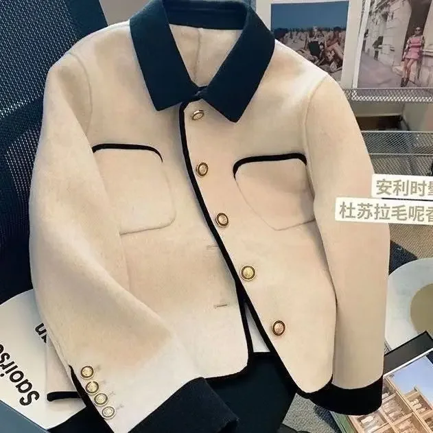 Korean-style gray small fragrance coat female autumn and winter retro high-grade design sense niche temperament long-sleeved top