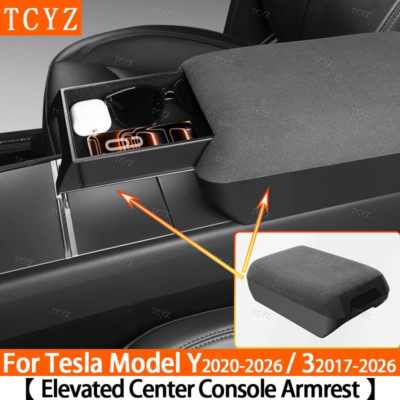 For Tesla Model Y Juniper 2025 2026 Center Console Armrest Organizer Box Heightened Cushion Suede Interior Upgrade for Model 3