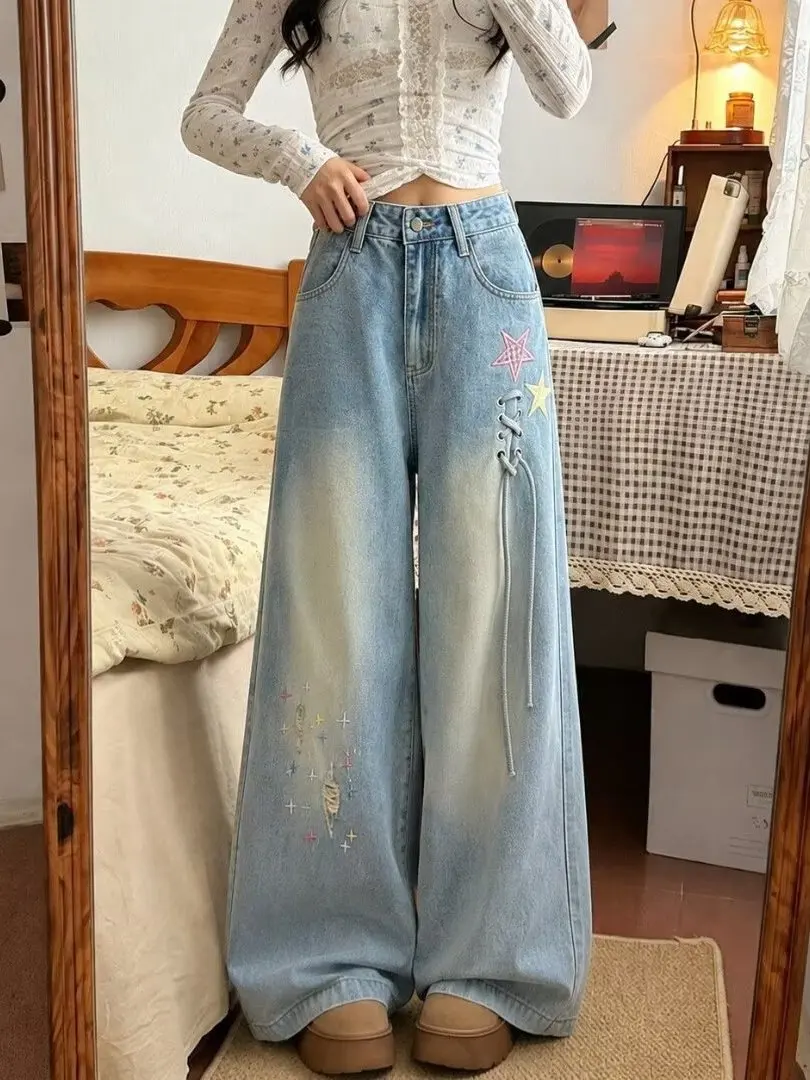 plus Size American Style Light Blue Jeans Women's Autumn New Wide Leg Floor-Length Pants Star Embroidery Hole Trendy