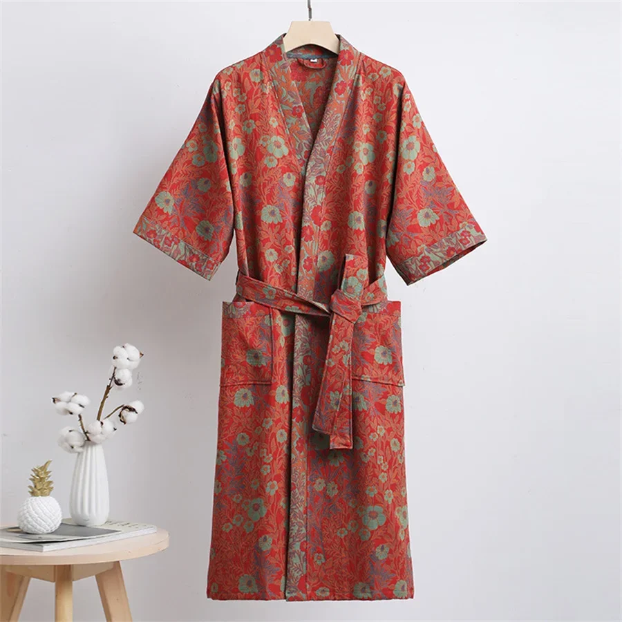 2024 Summer Couple Dressing Gown Vintage Loungewear Double Layer Gauze Bathrobe Men Shower Robe Women V-neck Kimono Sleepwear