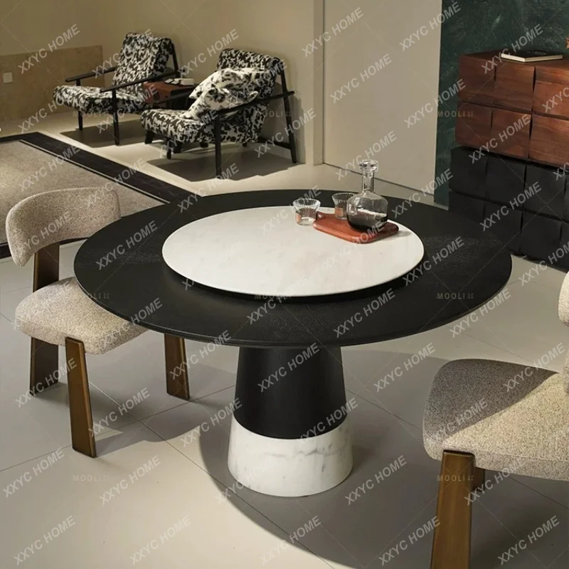 Medieval natural marble dining table and chair combination walnut solid wood round table household with turntable