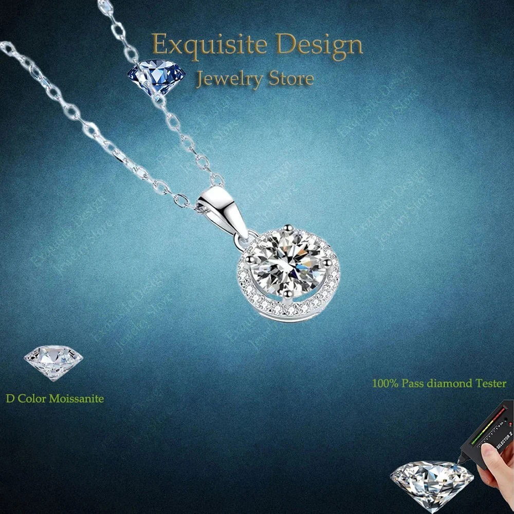 

Exquisite Design Luxury 1CT Moissanite Round Halo Pendant Necklaces, Platinum PT950 Gemstones Chain Fine Jewelry Gift for Women