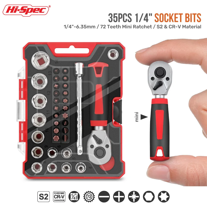 Hi-Chi Tiết Kỹ Thuật Mini 72 Răng Cờ Lê Bánh Răng 1/4 "-6.35MM 35 Ổ Cắm Pc Bộ Cờ Lê Có Rãnh Chéo bộ Lục Giác Sao Vít Bộ Đỏ