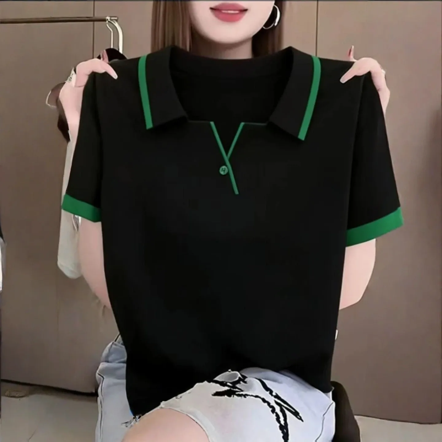 Summer New Casual  Neck Short Sleeve T-Shirt Women Anti-Aging Middle-Aged Fashion Loose Commuting Style Top