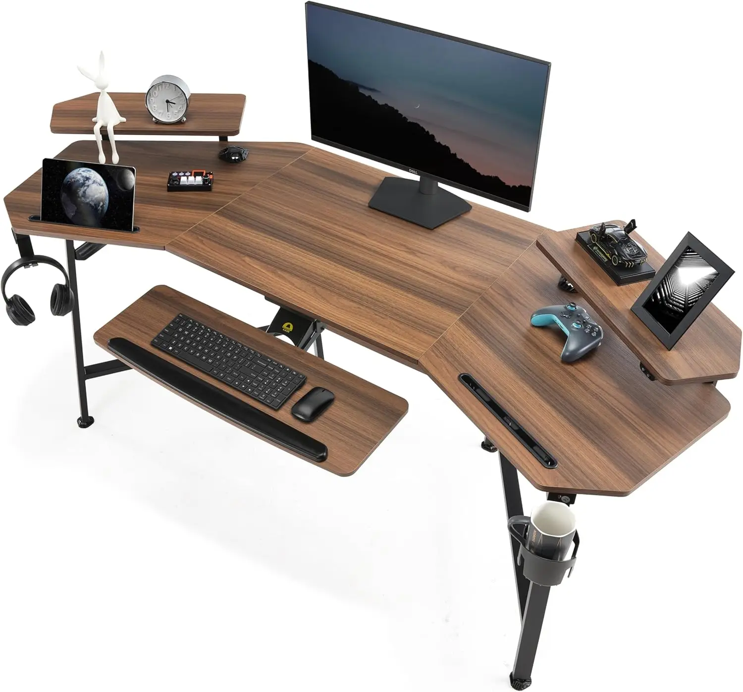 Eureka Ergonomisch 72"" computerbureau met toetsenbordlade, vleugelvormig muziekstudiobureau, groot gamingbureau W Led converteerbare monitor