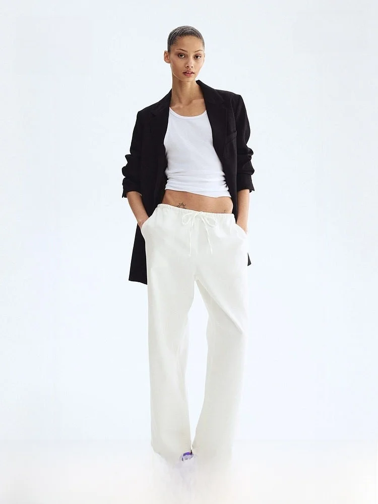 

H&M Women's Jeans Straight Leg Casual Dstring Denim Long Pants High Waist Loose Fit Spring 2026 Cotton Lyocell Fiber