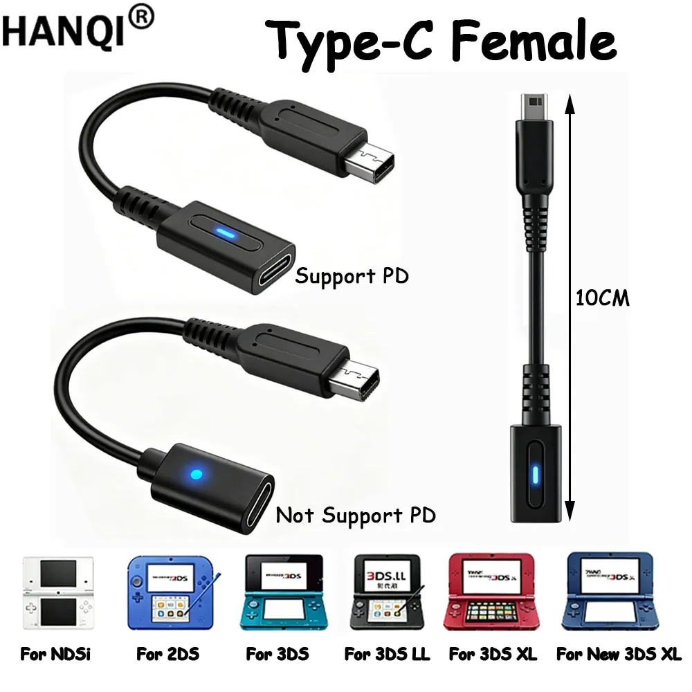 1/2Pcs USB Type-C Charging Cable Adapter for NDSi 2DS 3DS 3DSLL 3DSXL Game Console with LED Convert Power Supply Wire Cord