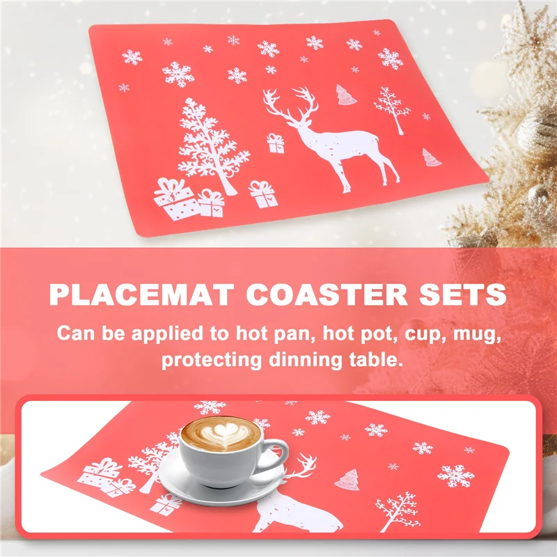 A19F-Christmas Placemat Washable Table Place Mat Set Of 6 Placemat & 6 Cup Mats,Elk, Christmas Tree, Snowflake Printed