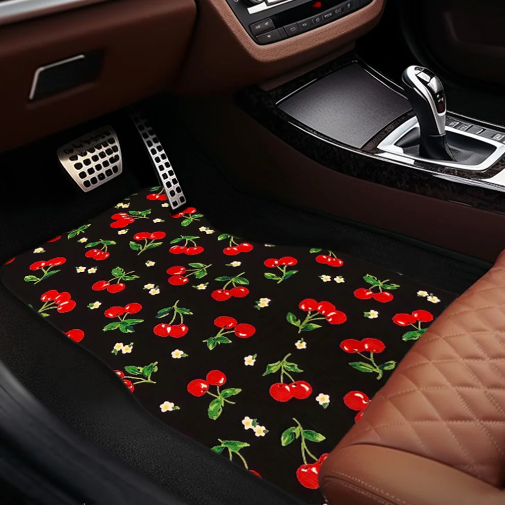 4pcs Red Cherry Pattern Car Floor Mats Compatible For All, Fit Front & Rear Liners - Durable Fibre, Non-Slip Cherry Design, Easy