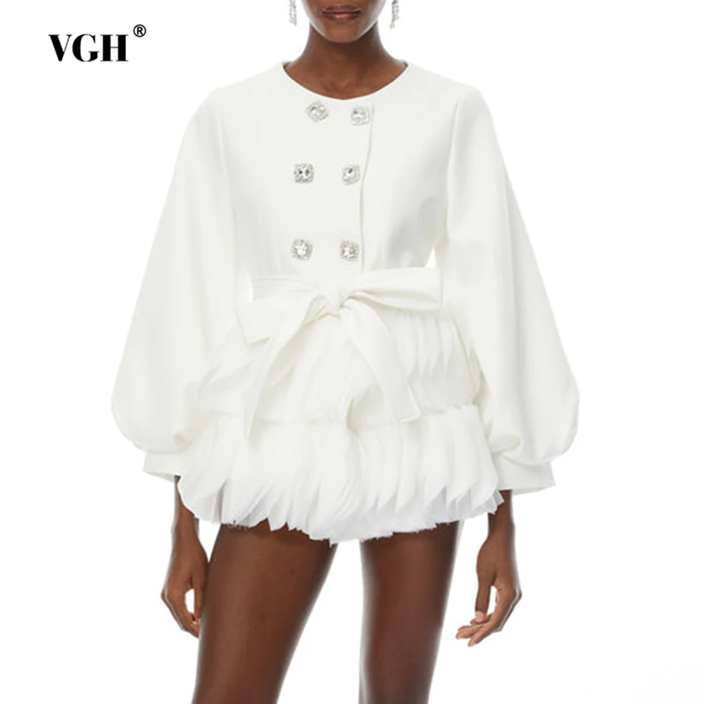 

VGH Luxury Solid Slimming Elegant Jackets For Women Round Neck Long Sleeve Spliced Button Spring Temperament Jacket Female New