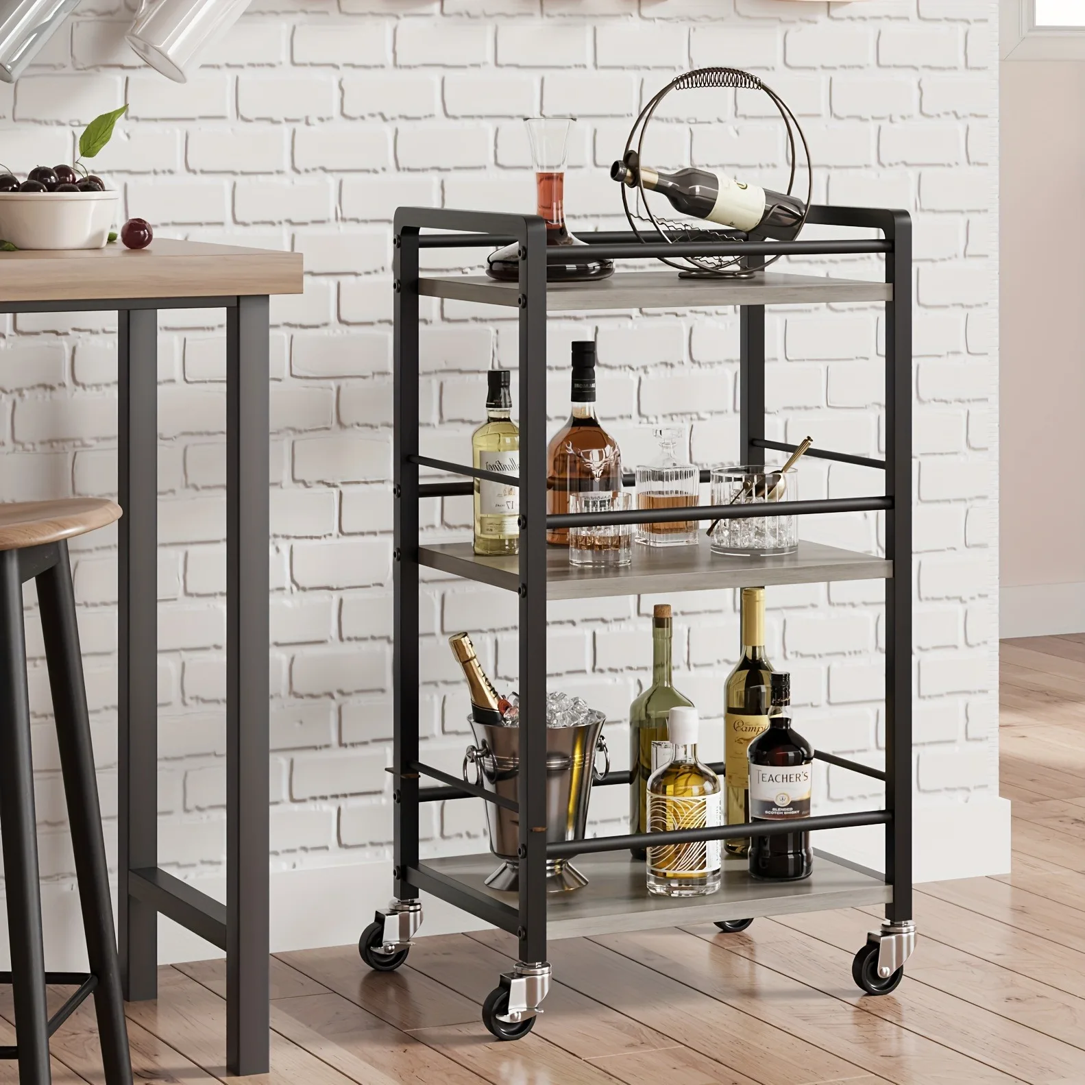 Home Bar Cart, Small Home Bar Service Cart, Mini Bar Cart on Wheels, Mobile Alcohol Beverage Coffee Bar Cart