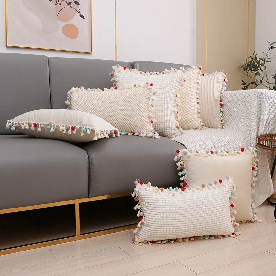The Pillow Cover Features A Nordic Ins Style Color Scheme A Swan Plush Ball Lace Pillow Cover And A Pom-pom Cushion Cover