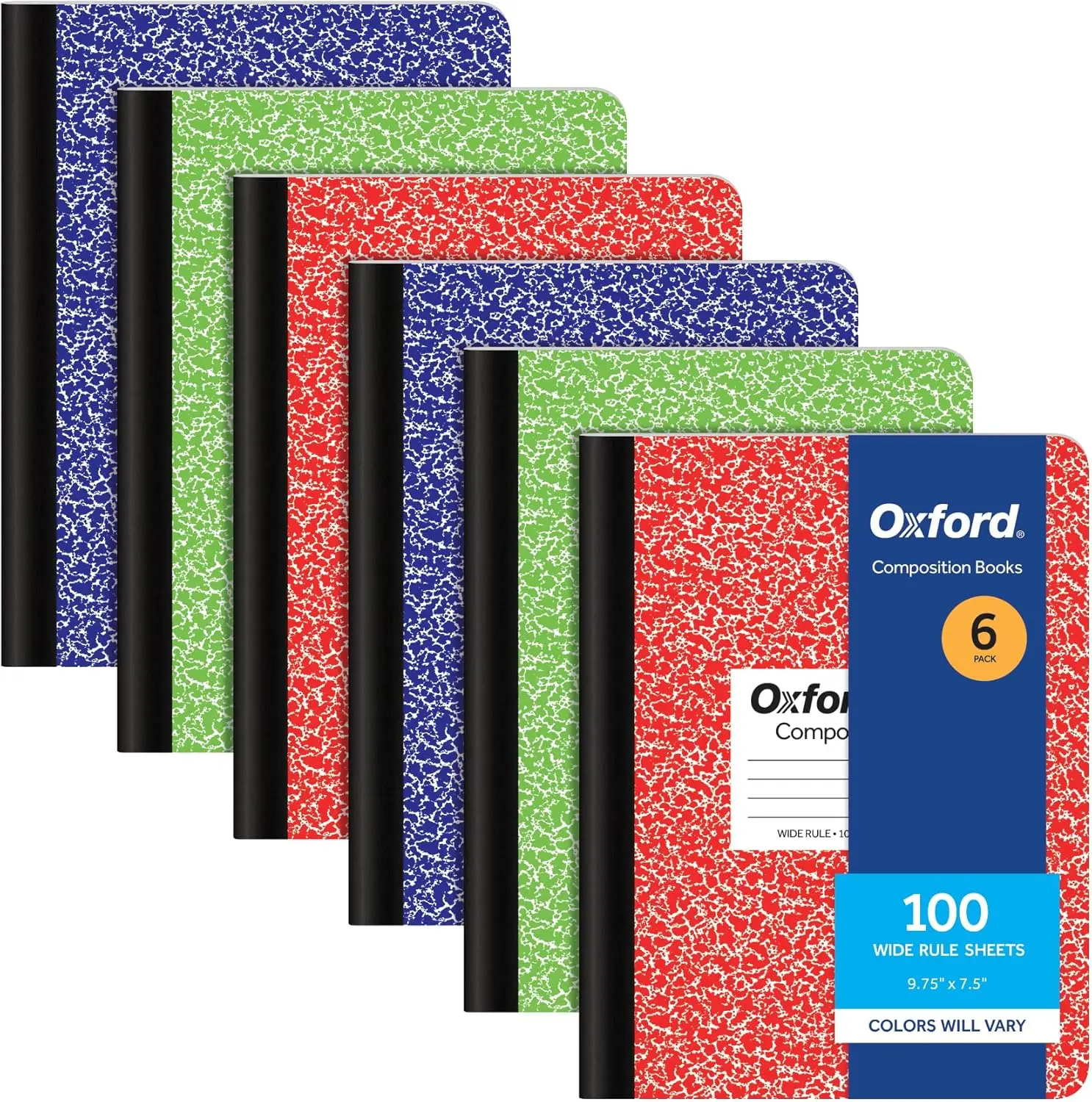 

Набор из 6 тетрадей Oxford, широкие линованные листы 9-3/4 x 7-1/2 дюйма, разноцветные обложки с мраморным узором, 100 листов в каждой.