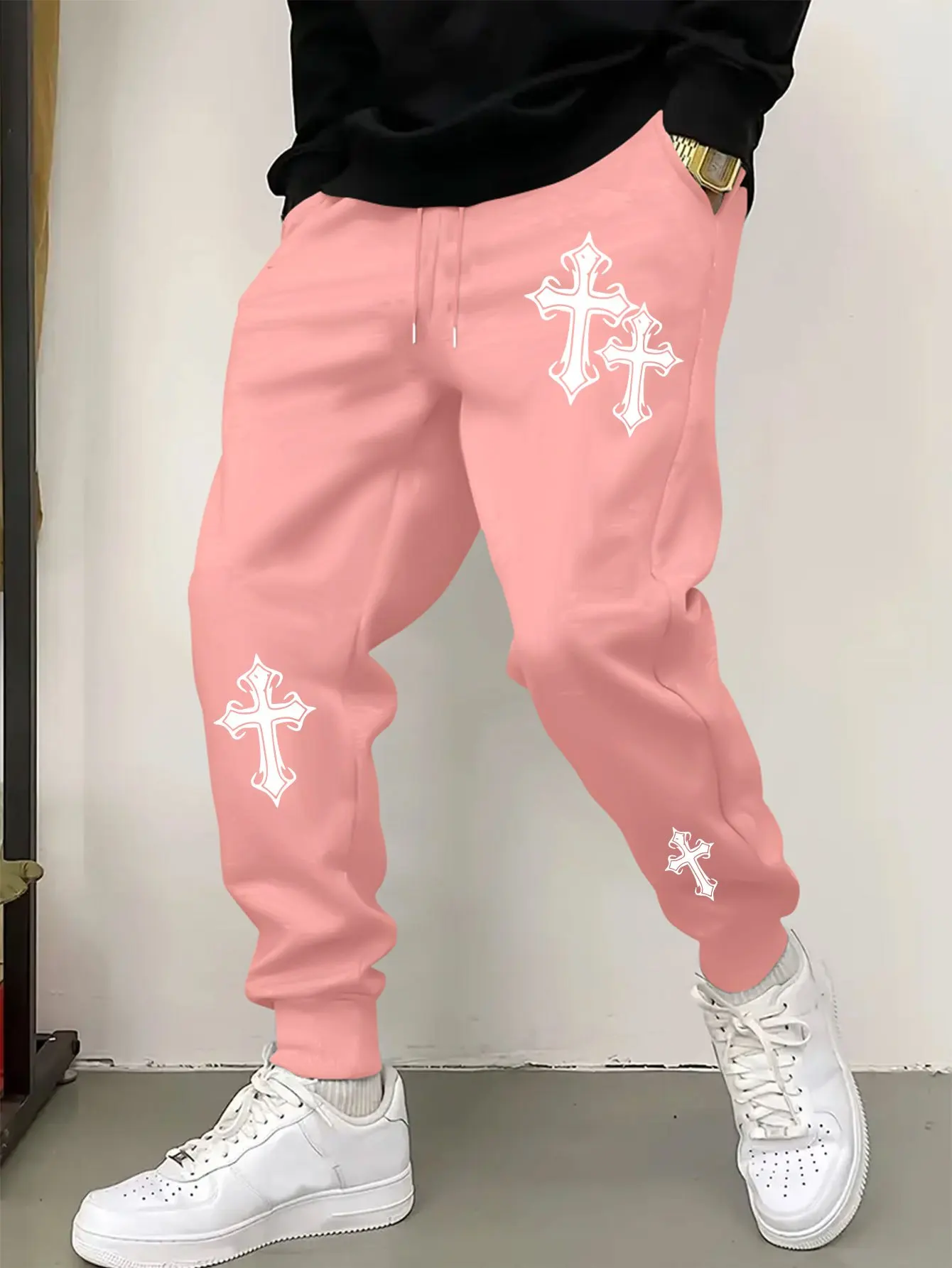 Punk‑Style Jogger Pants For Men With Multi Cross Prints, Deep Side Pockets, Elastic Cuffs Loose Sports Casual Pants