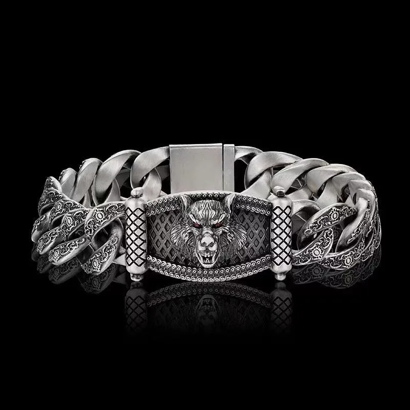 Vintage Engraved Wolf Head Bracelet for Men, Bold Thick Wide Wristband, Unique Trendy Gift for Boyfriend
